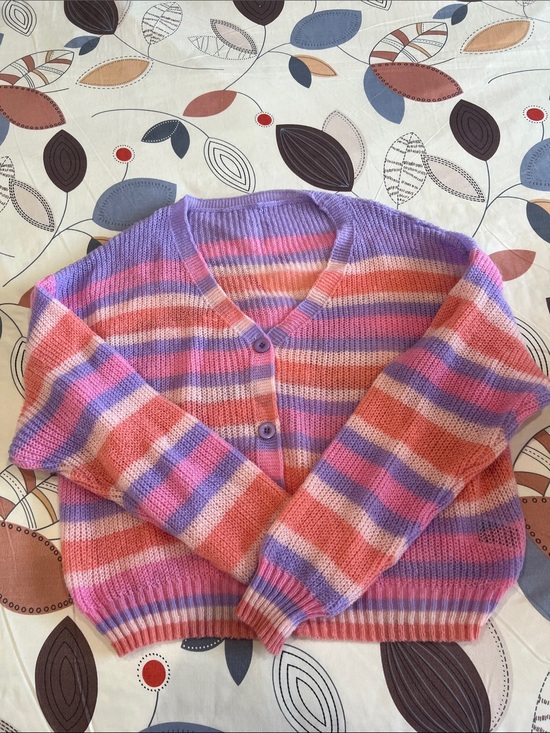 Sweaters - Striped V-Neck Cardigan Sweater in Purple & Pink